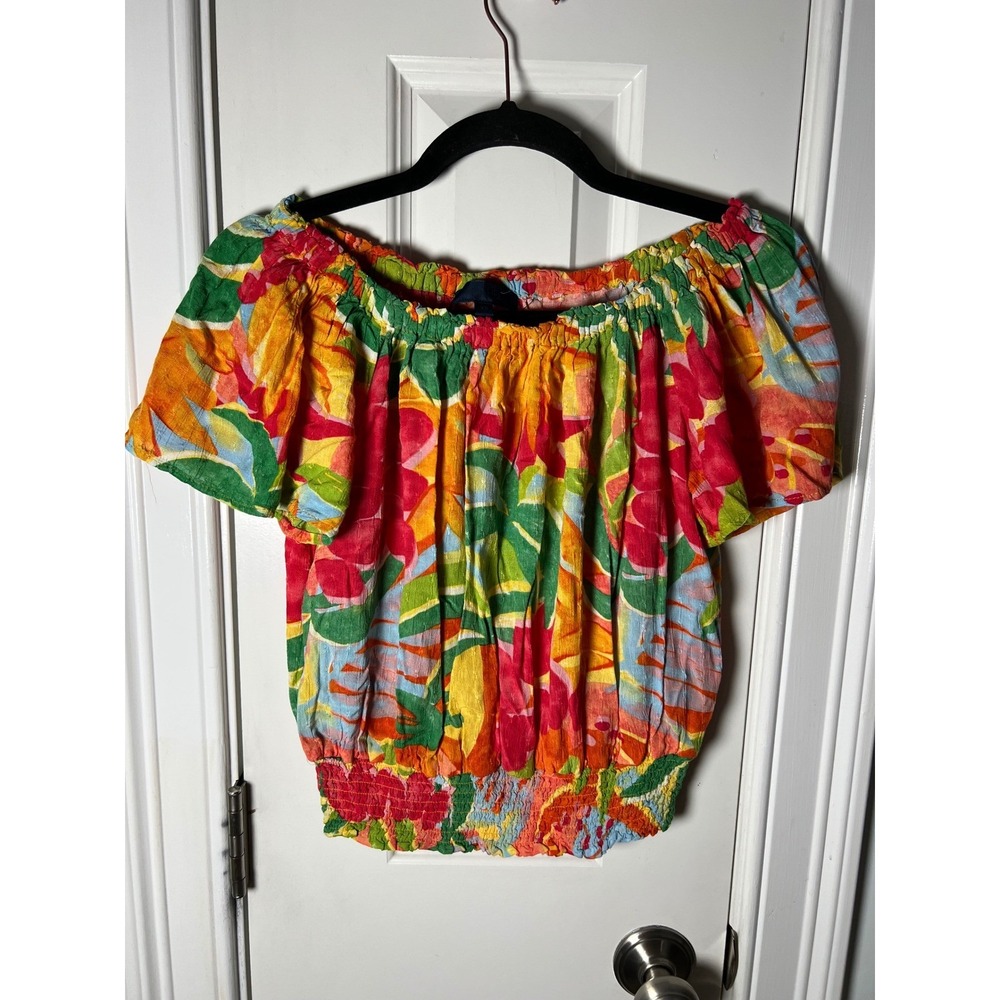 Rachel Pally Tropical Floral Smocked Off Shoulder Top Multicolor Rayon XS
